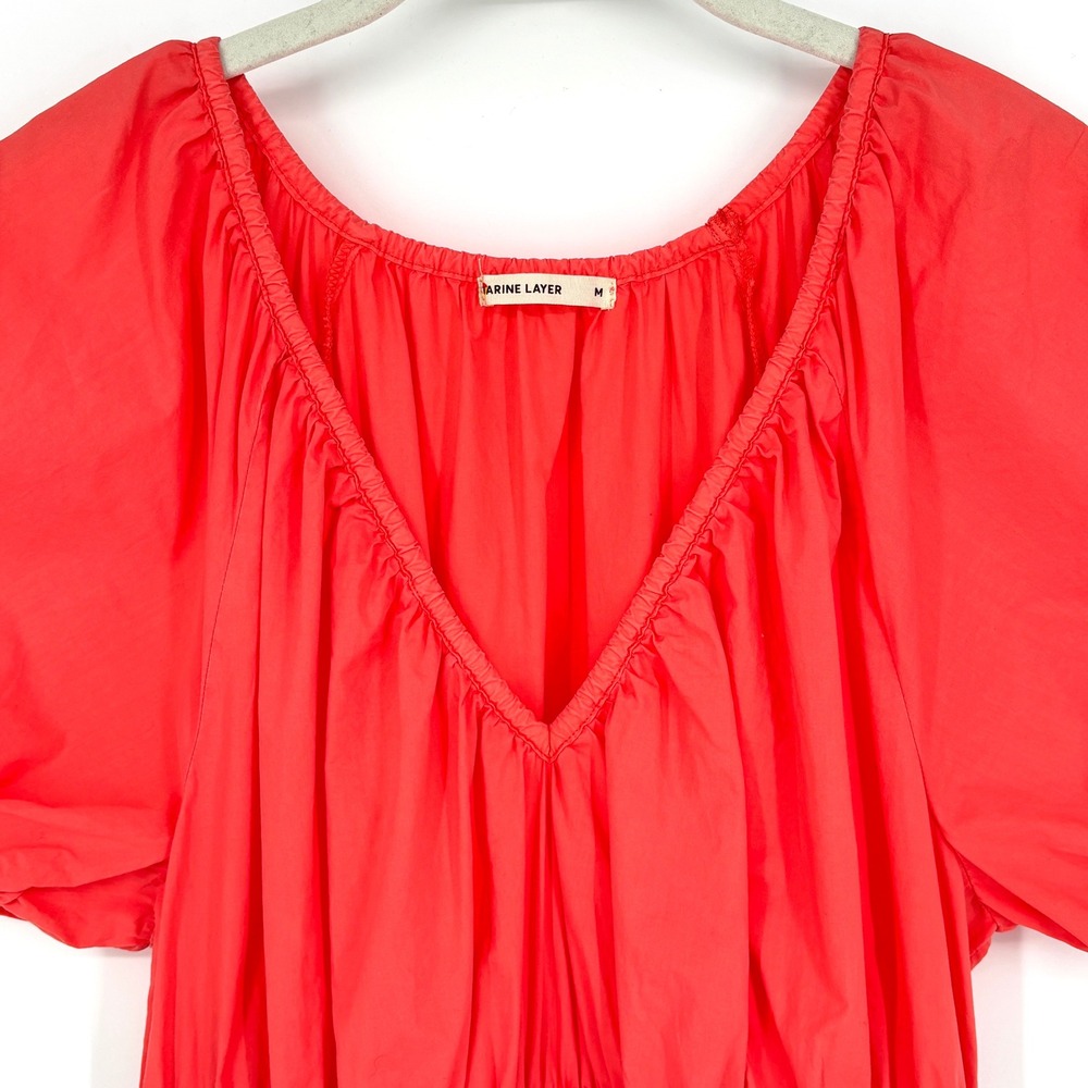 Marine Layer Emery Poplin Midi Dress Puff Sleeve Smocked Coral Pima Cotton Med - Picture 8 of 15